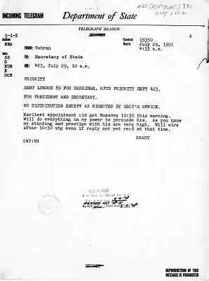 Telegram from Ambassador Henry Grady to Secretary of State Dean Acheson, Number 423