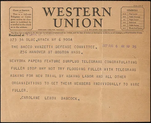 Caroline Lexow Babcock telegram to Sacco-Vanzetti Defense Committee, Nyack, N.Y., August 6, 1927
