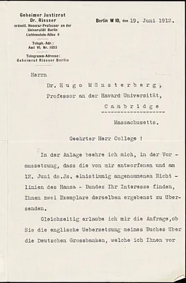 Riesser, Jacob, 1853-1932 typed letter signed to Hugo Münsterberg, Berlin, 19 June 1912