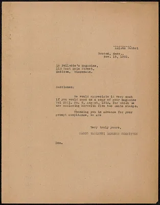 Amleto Fabbri (Sacco-Vanzetti Defense Committee) typed note (copy) to La Follette's Magazine, Boston, Mass., November 18, 1925