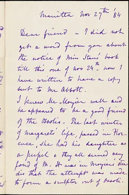 Sarah Freeman Clarke autograph letter signed to [Thomas Wentworth Higginson?], Marietta, [Ohio?], 27 November 1884