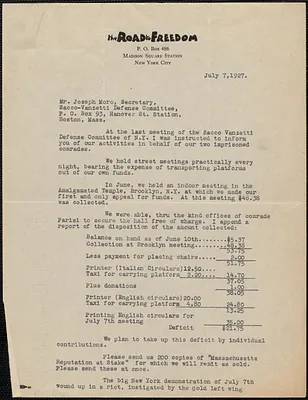 Sadie L. Robinson (International Sacco-Vanzetti Defense Committee) typed letter signed to Joseph Moro, New York, N.Y., July 7, 1927