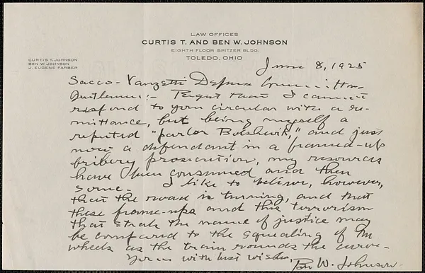 Ben W. Johnson autograph letter signed to Sacco-Vanzetti Defense Committee, Toledo, Ohio, June 8, 1925