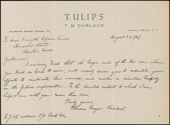Theresa Mayer Durlach autograph note signed to Sacco-Vanzetti Defense Committee, Sharon Springs, N. Y., August 23, 1927