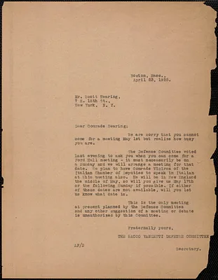 Sacco-Vanzetti Defense Committee typed letter (copy) to Scott Nearing, Boston, Mass., April 23, 1925