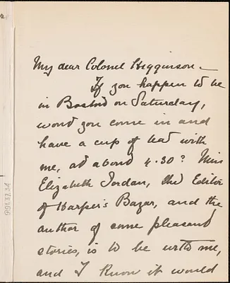Margaret Deland autograph note signed to Thomas Wentworth Higginson, Boston