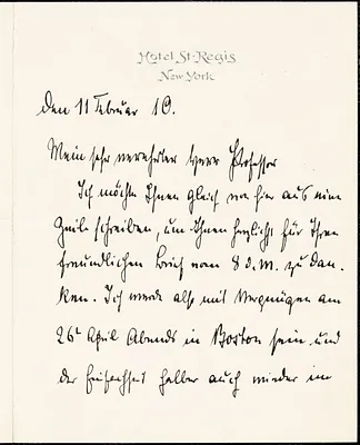 Bernstorff, Johann Heinrich, Graf von, 1862-1939 autograph letter signed to Hugo Münsterberg, New York, 11 February 1910