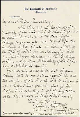 Northrup, Cyrus, 1834-1922 autograph letter signed to Hugo Münsterberg, Minneapolis, Minn.