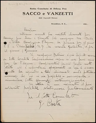 G. Carta (Sotto Comitato di Difensa Pro Sacco e Vanetti)., in Italian, autograph letter signed to Sacco-Vanzetti Defense Committee, Brooklyn, N.Y., [December 17?, 1924]