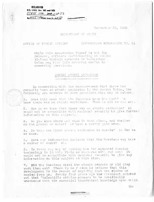 Department of State, Office of Public Affairs, Information Memorandum Number 61, Soviet Atomic Explosion