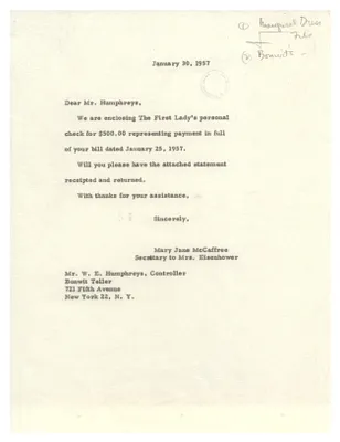 Letter Regarding Bonwit Teller's Bill for Mamie Eisenhower's Inaugural Gown