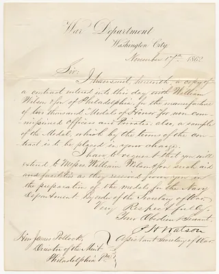 Letter from P. H. Watson, Assistant Secretary of War to James Pollock, Director of the Mint