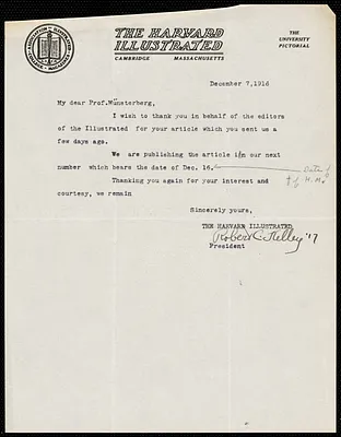 Kelley, Robert, fl.1916 typed note signed to Hugo Münsterberg, Cambridge, Mass., 07 December 1916