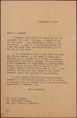 Typed letter (copy) to Henry Kingman, September 9, 1927