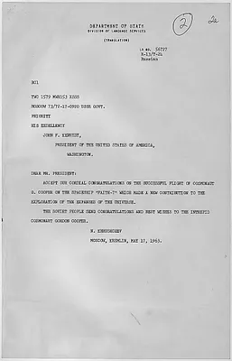 Message from Soviet Premier Nikita Khrushchev to President John F. Kennedy on flight of astronaut L. Gordon Cooper