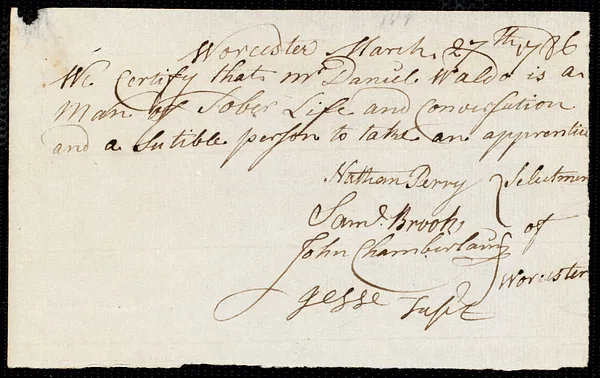 Samuel Murfey indentured to apprentice with Daniel Waldo of Worcester, 11 April 1786
