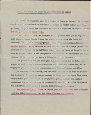 Comité Suisse Pour Sacco et Vanzetti typed handbill, in French, Geneva, Switzerland, [August 1927]: Pour le boycott des produits de Etats-Unis en Suisse