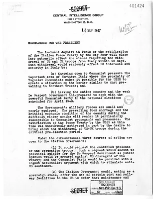 Memorandum from Rear Admiral R. H. Hillenkoetter to President Harry S. Truman