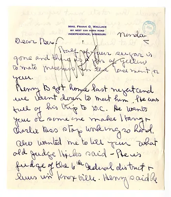 Letter from Natalie Wallace to Bess W. Truman