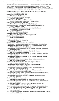 Guest List for the Dinner to Be Given by the President and Mrs. Ford in Honor of His Majesty Hussein I, King of the Hashemite Kingdom of Jordan and Her Majesty Queen Alia