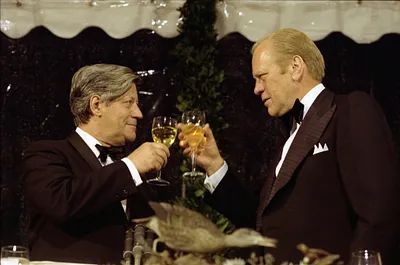 President Gerald R. Ford and Chancellor Helmut Schmidt of the Federal Republic of Germany Raising Their Glasses in a Toast at a State Dinner Honoring Chancellor Schmidt