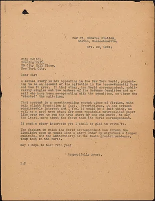 [Eugene Lyons] typed letter (copy) to City Editor, The Evening Mail, Boston, Mass., 22 November 1921