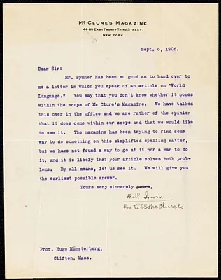 Irwin, Will, 1873-1948 typed letter signed to Hugo Münsterberg, Cambridge, Mass., 6 September 1906