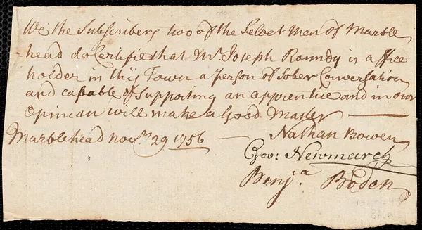 Bartholomew Lynch indentured to apprentice with Joseph Roundey of Marblehead, 1 December 1756