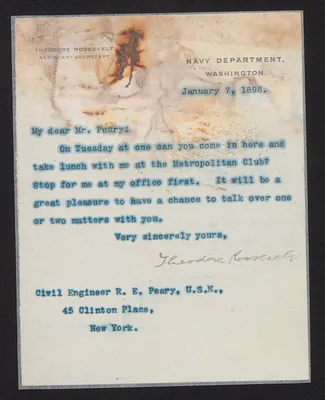 Letter from Theodore Roosevelt, Assistant Secretary of the Navy, to Robert E. Peary, Civil Engineer
