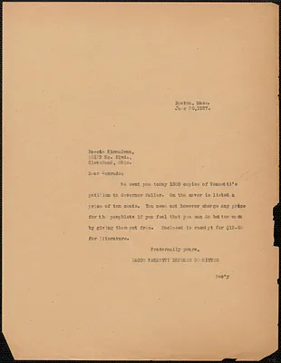 Sacco-Vanzetti Defense Committee typed note to Bessie Kimmelman (Sacco-Vanzetti Defense Committee, Cleveland), Boston, Mass., June 20, 1927