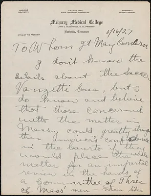 John J. Mullowney autograph letter signed to Sacco-Vanzetti Defense Committee, Nashville, Tenn., May 16, 1927