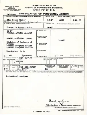 Notification of personnel action, Helen Ripley, Abbot Academy, clas of 1930