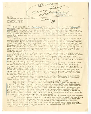 Letter from Mary Ashworth to President Harry S. Truman