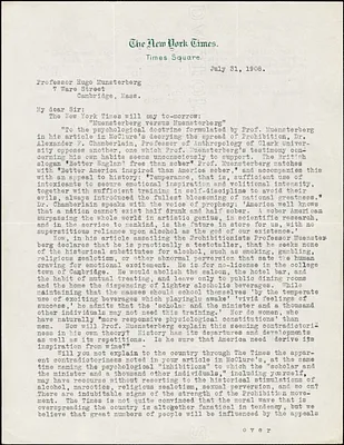 Reick, William Charles, 1864-1924 typed letter signed to Hugo Münsterberg, New York, 31 July 1908