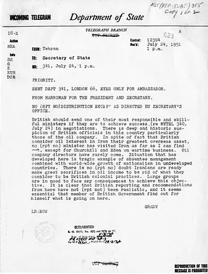 Telegram from Ambassador Henry Grady to Secretary of State Dean Acheson, Number 341