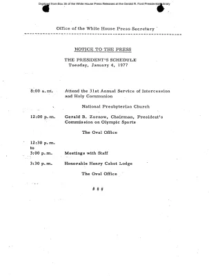 President's Schedule, Tuesday, January 4, 1977