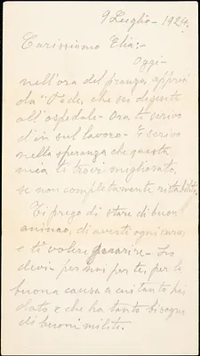 Bartolomeo Vanzetti autographed letter signed to Roberto Elia, [Charlestown], 9 July 1924