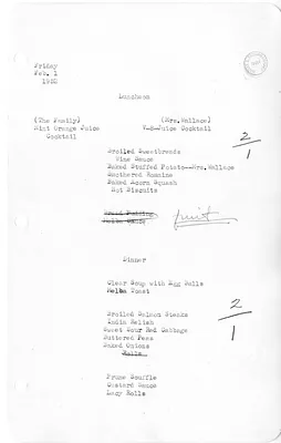 White House Luncheon and Dinner Menu