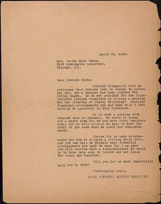 Sacco-Vanzetti Defense Committee typed letter (copy) to Bertha Hale White (Socialist Party, National Office), Boston, Mass., March 24, 1925