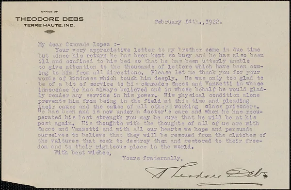 Theodore Debs typed letter signed to Frank R. Lopez, Terre Haute, Ind., February 14, 1922