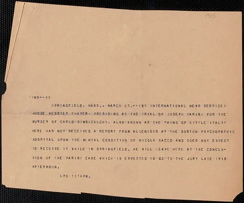 International News Service press release, Springfield, Mass., March 27, 1927