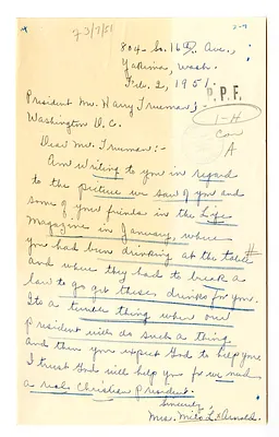 Letter from Mrs. Milo Arnold to President Harry S. Truman
