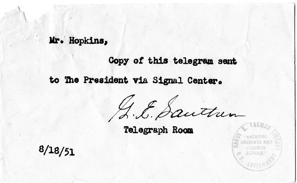 Telegram from Ambassador Henry Grady to Secretary of State Dean Acheson, Number 704, with Related Note