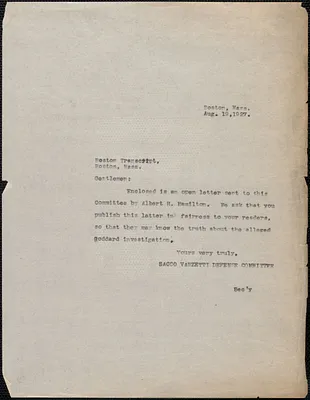 Sacco-Vanzetti Defense Committee typed note (copy) to The Boston Transcript, Boston, Mass., August 19, 1927
