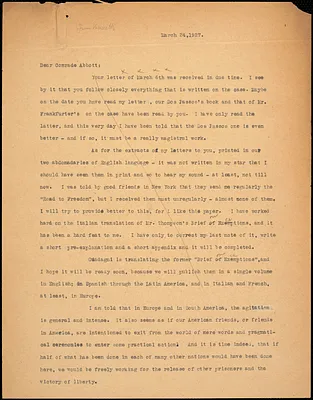 Bartolomeo Vanzetti typed letter (copy) to Leonard D. Abbott, [Charlestown], 29 March 1927