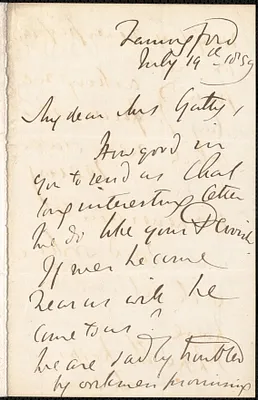Emily Tennyson autograph letter signed to Mr. Gatty, Farringford, [Isle of Wight], 19 July 1859