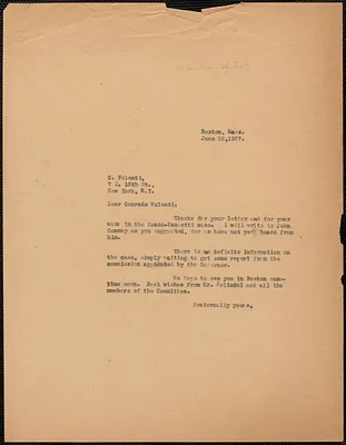Sacco-Vanzetti Defense Committee typed letter (copy) to Girolamo Valenti, Boston, Mass, June 18, 1927