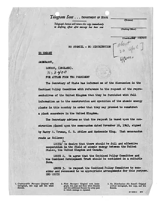 Telegram from Prime Minister Clement Attlee to President Harry S. Truman