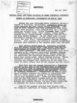 Memorandum, Initial Press and Radio Reaction to Under Secretary Acheson's Speech at Cleveland, Mississippi on May 8, 1947