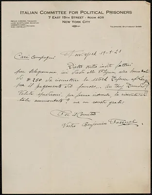 Benjamin Pasquale (Italian Committee for Political Prisoners) autograph letter signed, in Italian, to Sacco-Vanzetti Defense Committee, New York, N.Y., January 19, 1921